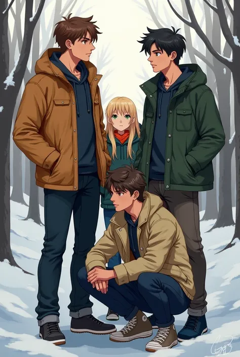  I want you to generate a picture for me 
From 4 boys and 1 girl 

Nick and Milo next to each other 
Enzo in the back with the girl  ( she is small and blond and green eyes sweet smile very sweet and pretty ( ( Enzo looks at them from the side and smiles ....