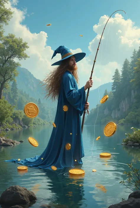 The wizard man is fishing is standing in the water in nature and 8 great coins in water, brown hair, blue dress, magic hat