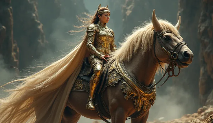  Beautiful rider in metal armor without a helmet and without weapons, great beasts  