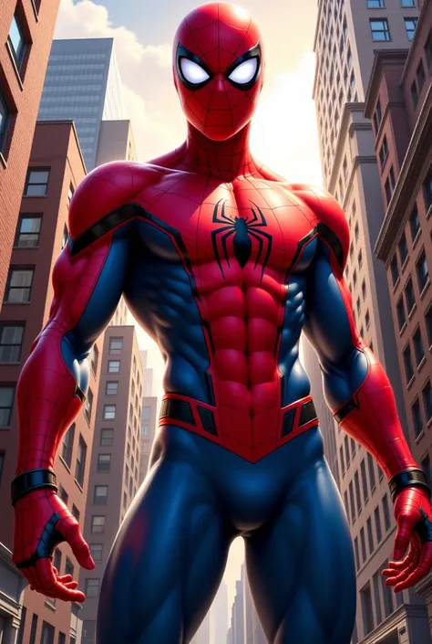 Spider-Man, a superhero character known for his red and blue costume. The character is depicted in a dynamic pose, standing confidently with his arms at his sides. His iconic red and blue suit is detailed with a black spider emblem on his chest. The suit f...