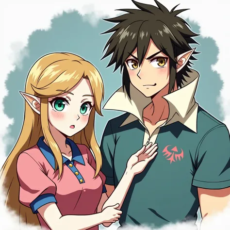 Anime Princess Zelda wearing  polo with her being douche with her Husband King Link wearing a Massive popped collar polo with a collar so high it's taller than his head