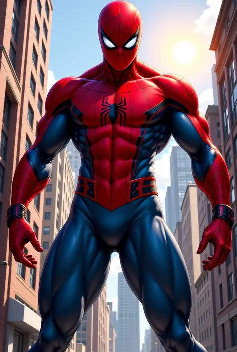 Spider-Man, a superhero character known for his red and blue costume. The character is depicted in a dynamic pose, standing confidently with his arms at his sides. His iconic red and blue suit is detailed with a black spider emblem on his chest. The suit f...