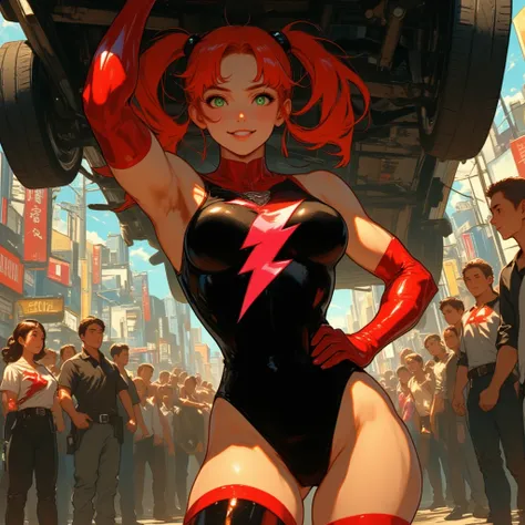 a woman in a tight black leotard with long sleeves with red trim, leaving her thighs bare, she wears long red leather gloves that cover her forearms. She wears black thigh high boots with a red stripe at the top. There is a bright red lightning bolt emblem...