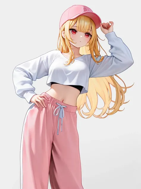 1 girl, red eyes, blonde, long hair, pink baseball cap, loose white crop top, long sleeves, black dolphin pants