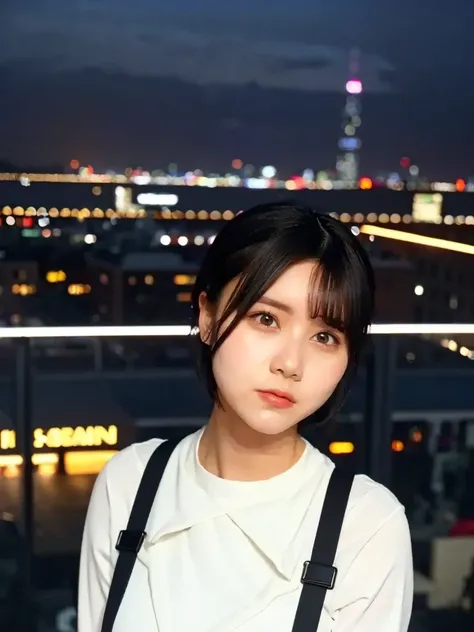 A confident young woman, short black hair, standing on a rooftop, (head-on view, upper-body shot, centered composition), wide-angle shot, cityscape with glowing neon lights in the background, ultra-detailed, cinematic lighting, spotlight, soft shadows, 8k ...