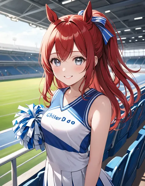 masterpiece,ultra-detailed,best quality,8K,illustration,cute face,clean skin ,shiny long red hair,girl,ultra-detailed-eyes, silver eyes,she Wearing a cheerleading uniform And stand in the stands, She do hairstyle horse, smiling, silver eyes, solo girl, one...