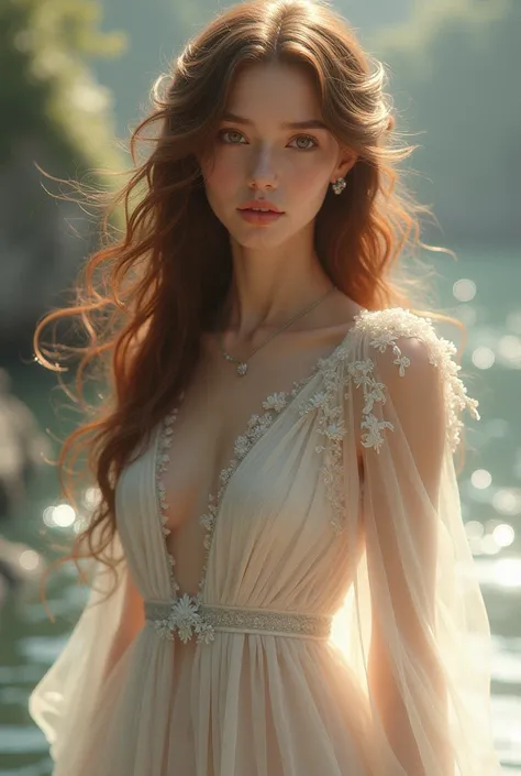  A beautiful girl with long wavy hair, wearing a dress