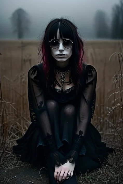 ein Individuum sits in einer natürlichen,  open the setting ,  with fog or haze ,  that creates a mysterious atmosphere .  The person is in an ornate gothic-style dress with several Layers of lace and ruffles clad ,  which indicates a Victorian influence ....