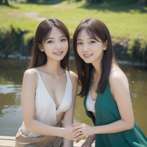 A scene of two women enjoying a barbecue on the riverbank, eating grilled meat, front view from head to knees, exchanging smiles in nature, lively expressions. Green grass and the river water surface are reflected all around, and bright sunlight is shining...