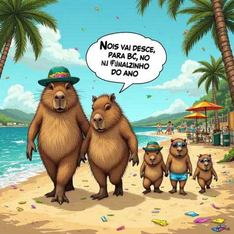 ((Masterpiece)), ((Ultra-detailed, 8k quality)), (Top quality), (Best composition), (High resolution)), ((Comic-book illustration style)), BREAK.  

A **meme-style illustration** featuring a **family of capybaras** walking confidently down a lively street,...