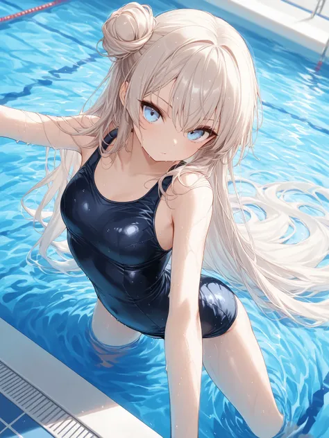 ((masterpiece, best quality, ultra-detailed character)), 1girl, platinum blonde hair, very long hair, single side bun, light blue eyes, school swimsuit, wet, pool, afloat, dynamic pose, dynamic angle, perfect composition