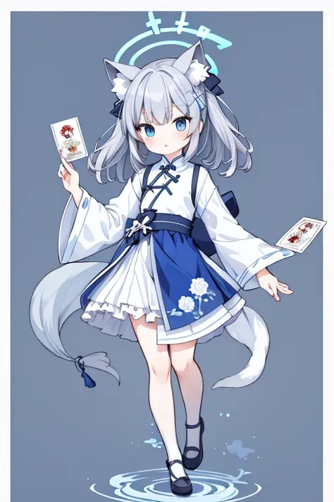 masterpiece, best quality, absurdres, illustration, watercolor,shiroko_bluearchive,wolf ears,Blue and white porcelain cheongsam,chinese cheongsam,grey hair
1 girl,anime character, kawaii, cute, mascot character, fuwafuwa,
postcard,full body