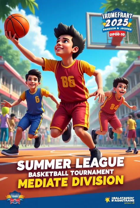 Create a basketball poster. With text,
Summer League Mediate Division 2025
Open to 10-

From Sangguniang Kabataan ng Palangue 2&3