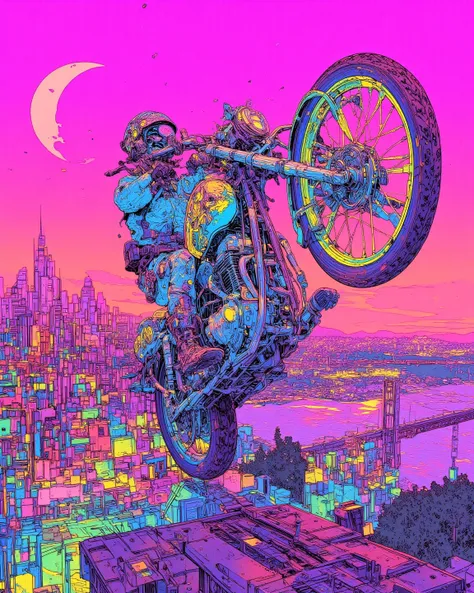  Motorcycle Painting on the Golden Gate Bridge ,Drive one wheel with the front wheel raised in the air(Willy),Crazy Marauders Ride Motorbikes,San Francisco's pink sunset , dmt Death of Ego , Highly Detailed Amazing Art  ,DMT Art, Dan Mumford and Alex Grey ...