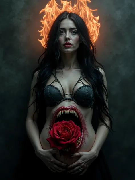 A beautiful dark haired woman with a flaming halo,having a opened belly with Sharp bloody teeth eating a beautiful rose ,dark realistic photography,dark ambient art,dark surrealism, dark ambient