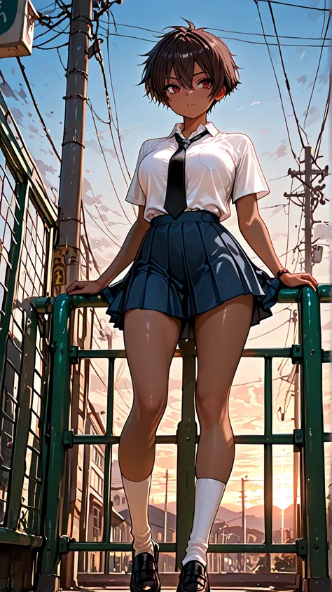 1girl, solo, tomboy, dark brown hair, dark red eyes, brown_skin, perfect figure, medium breast, medium hips, medium thighs, school_uniform, white_shirt, black tie, blue pleated skirt, white socks, full_body, outdoor, evening, dim lightning, masterpiece, be...