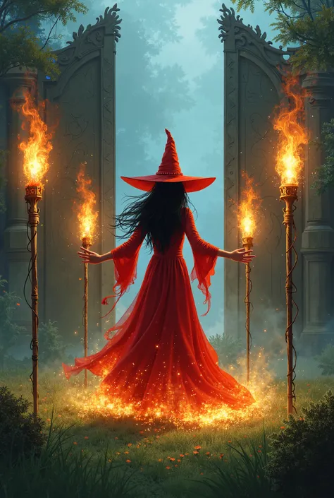 The Witch in red dress, pointed hat and four fire great wands in the ground, open magic gate, black hair, grass