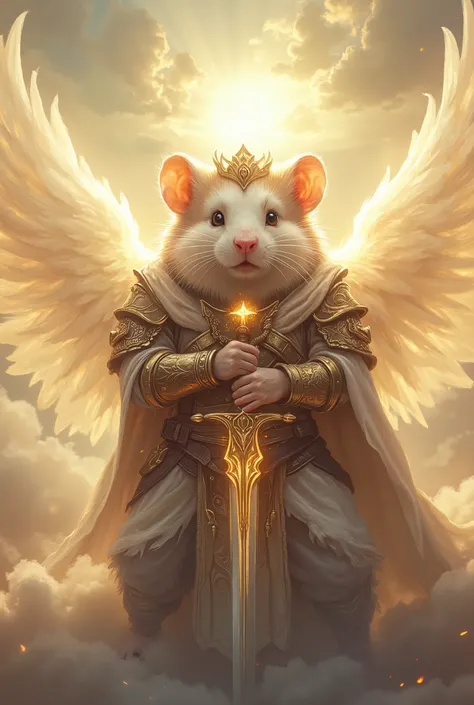 fall Angelic Hamster ,fantasy armor, masterpiece, Best quality, Super Detail,4K, standing in a bright sea of clouds, bright light in the background , extremely detailed 8k photo with very realistic presentation, dramatic lighting , kinematic composit...
