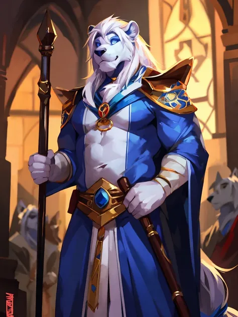 Make WHITE LION MALE

 -Light blue iris -Long hair - Blue, white and black jesters Clothes - Holding a Long cane , por mystikfox61