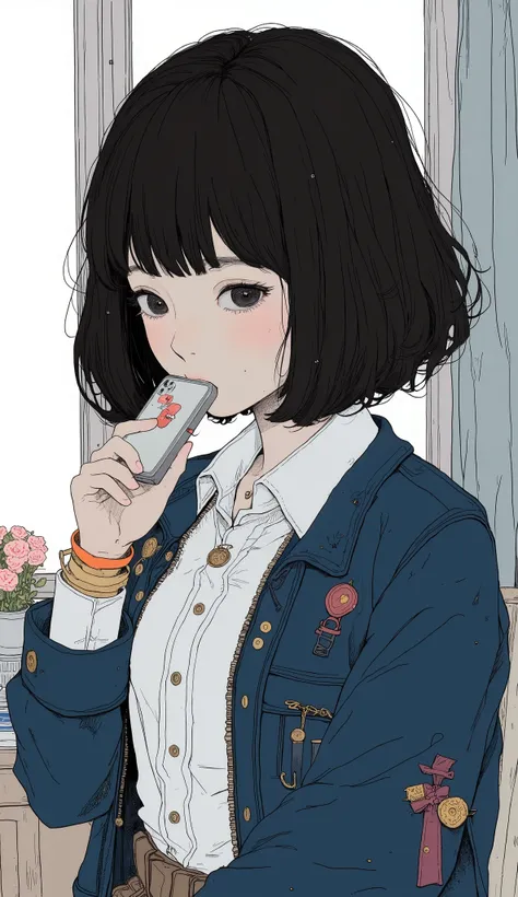  Super Real、  photorealistic 、Anime girl hiding her mouth on iphone ,Clear white skin 、hair、  voluminous short hair 、  wears a white shirt inside a navy blue jacket 、 Beautiful Beautiful Girl 、  Front Shot、  upper body、