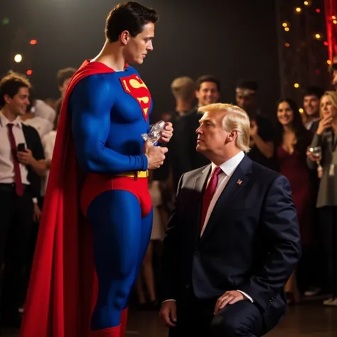 On New Year's Eve Party Stage scene, a buff man in a superman costume (think movie version of Superman-black undercut, blue tights and red cape and red boots and red briefs) holds a very large diamond, US President Trump stand by Superman. Superhuman sits ...