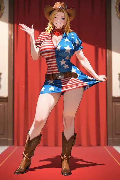 tina armstrong, red carpet event, american flag dress, flashing tits, pulling down dress, wink, smile, cowboy hat, cowboy boots