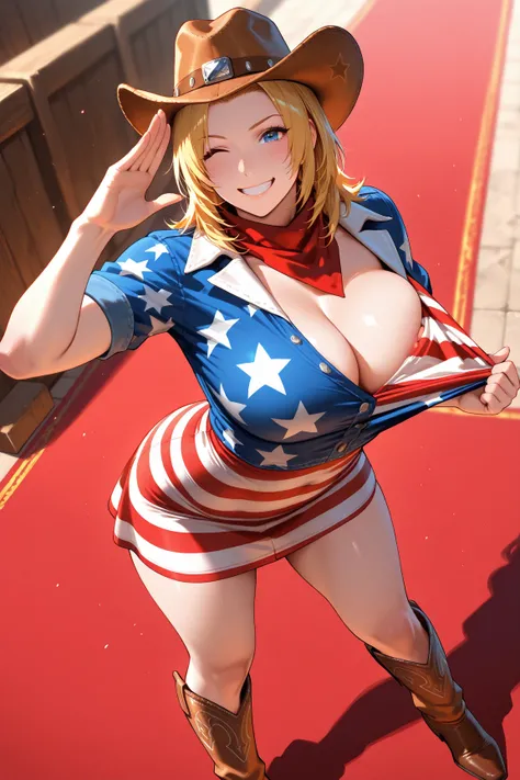 tina armstrong, red carpet event, american flag dress, flashing tits, pulling down dress, wink, smile, cowboy hat, cowboy boots