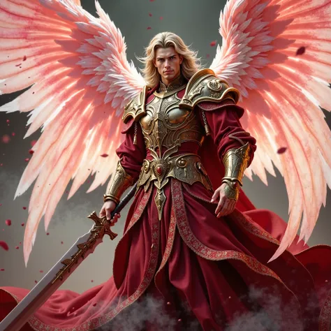 A handsome archangel man with a red gown-like jacket and gold armor 、 with the figure of a warrior with large pastel pink wings
