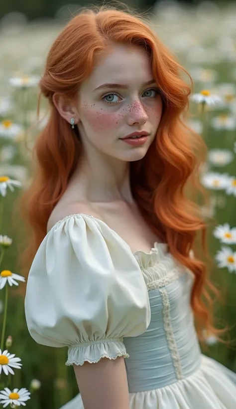 A red hair woman with light blue eyes and wavy red hair in a field of daisies with freckles, wears a white and azure puffed sleeves princess dress, very sweet with full lips and big eyes, looking at the viewer, realistic portrait, 8k quality photo, very sw...