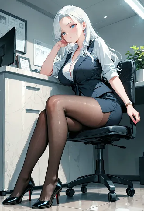 illustration, an extremely delicate and beautiful, extremely detailed, 1girl, white_hair, office lady, high heels, pantyhose,, masterpiece, best quality, amazing quality, detailed background, intricate details