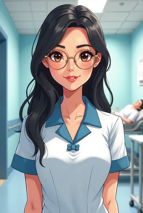 A beautiful brunette,  in cartoon or realistic style ,  with long, straight black hair that falls gently on your shoulders.  Her eyes are large and expressive ,  in dark brown color , with a gentle glow.  She wears delicate and modern glasses ,  with discr...