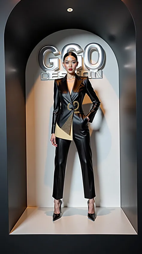   Glamorous scene a fashion runway featuring an exceptionally beautiful female model ,  confidently walking along the catwalk . Her flawless ,  radiant skin and sharp ,   symmetrical features are accentuated by thin  , elegant makeup.   Her smooth black ha...