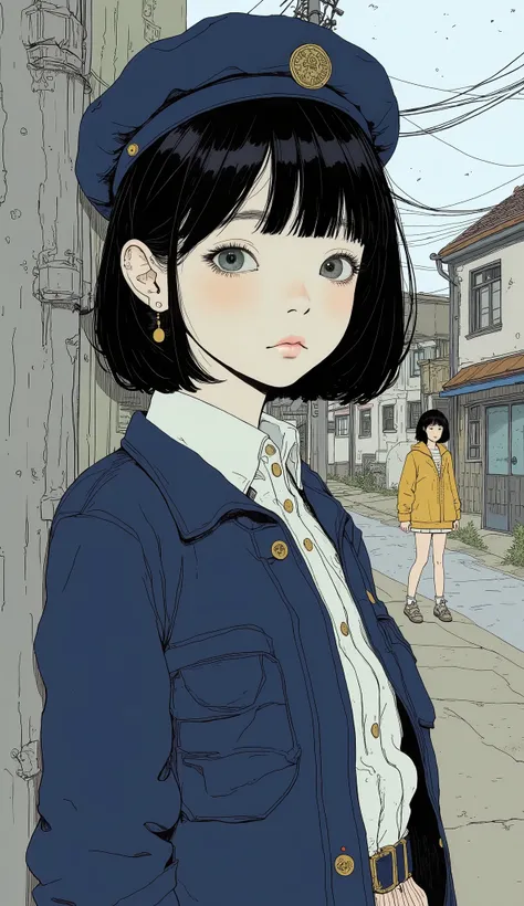 
 Super Real 、  photorealistic 、A girl hiding behind a telephone pole and following her,Clear white skin 、hair、 beret、  voluminous short hair 、  wears a white shirt inside a navy blue jacket 、 Beautiful Beautiful Girl 、  Front Shot、  upper body、 land