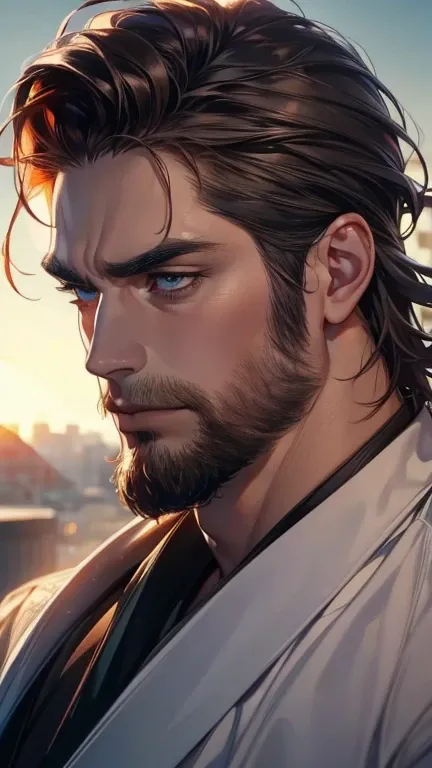 (  best quality,4K,8k,  highres,  masterpiece :1.2),  ultra-detailed  ,(realistic,photorealistic,photo-realistic:1.37),36-year-old man,3 day beard,Beautiful anime,Portraits,strong,Masculine,  with dark hair  ,sharp jaw,   mesmerizing eyes   ,  perfectly co...