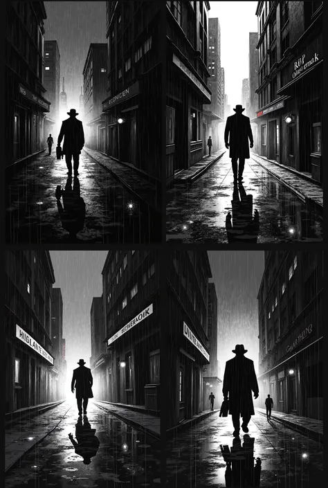 Make four frames with a story in noir style. It has to be black and white drawing