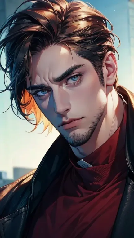 (  best quality,4K,8k,  highres,  masterpiece :1.2),  ultra-detailed  ,(realistic,photorealistic,photo-realistic:1.37),36-year-old man,3 day beard,Beautiful anime,Portraits,strong,Masculine,  with dark hair  ,sharp jaw,   mesmerizing eyes   ,  perfectly co...