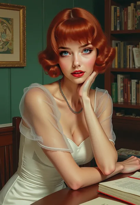 (Masterpiece - Ultra-Detailed, High Resolution) Prepare to be enchanted by a true masterpiece that combines ultra-detailed art with high-resolution rendering. This work shows a mesmerizing woman, with short, red hair, bangs, 1950s style, (1.3) and captivat...