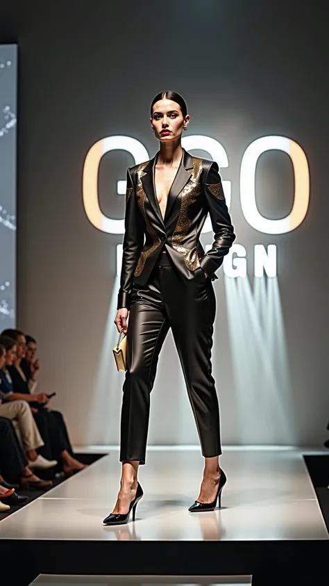   Glamorous scene a fashion runway featuring an exceptionally beautiful female model ,  confidently walking along the catwalk . Her flawless ,  radiant skin and sharp ,   symmetrical features are accentuated by thin  , elegant makeup.   Her smooth black ha...