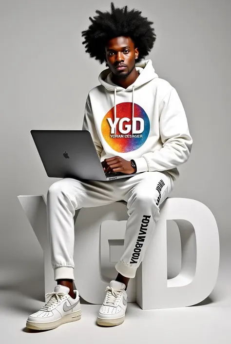 A man of Zanzibar origin With a afro hairstyle , wearing a beautiful white sweater with a logo designed in a colorful circle that reads YGD YORAM DESIGNER, wearing a white track suit with YORAM written on the side, wearing air force shoes, sitting on the w...