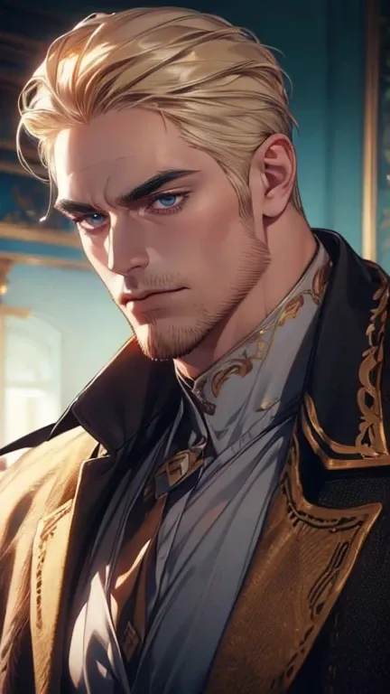 (  best quality,4K,8k,  highres,  masterpiece :1.2),  ultra-detailed  ,(realistic,photorealistic,photo-realistic:1.37),36-year-old man,3 day beard,Beautiful anime,Portraits,strong,Masculine,  with dark hair  ,sharp jaw,   mesmerizing eyes   , blonde,  perf...