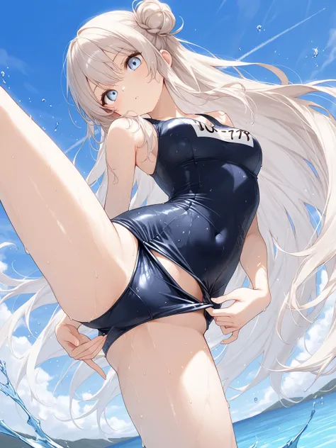 ((masterpiece, best quality, ultra-detailed character)), 1girl, platinum blonde hair, very long hair, single side bun, light blue eyes, school swimsuit, wet, adjusting swimsuit, dynamic pose, dynamic angle, perfect composition