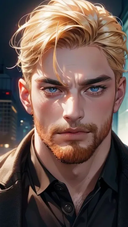 (  best quality,4K,8k,  highres,  masterpiece :1.2),  ultra-detailed  ,(realistic,photorealistic,photo-realistic:1.37),36-year-old man,3 day beard,Beautiful anime,Portraits,strong,Masculine,  with dark hair  ,sharp jaw,   mesmerizing eyes   , blonde,  perf...