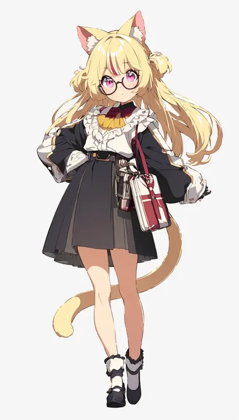   The uniform from the high quality Japanese anime  。 girl with cat ears , Blonde bundled hair ,  pink eye,  wearing glasses , high contrast, whole body
, high resolution、 detailed face、fine grain、