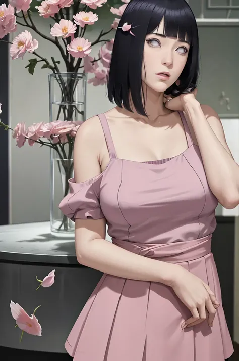 masterpiece, absurdres, hinata\(boruto\), 1girl, solo,mature female, spaghetti strap square neck, high waist short skirt, looking at viewer, (falling petals), perfect composition, detailed lips, big breast, beautiful face, body propotion, blush, (pink lips...