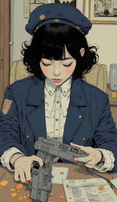 
 Super Real 、  photorealistic 、 exchanging magazines for small guns,Clear white skin 、hair、 beret、  voluminous short hair 、  wears a white shirt inside a navy blue jacket 、 beautiful woman、  Front Shot、  upper body、Woman hiding behind a desk 