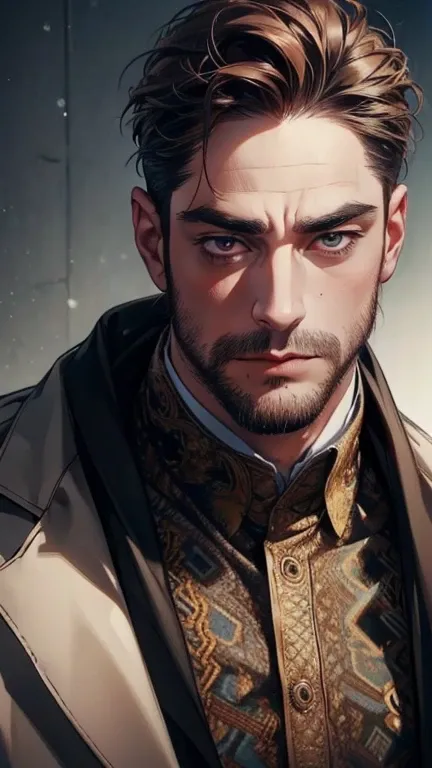 (  best quality,4K,8k,  highres,  masterpiece :1.2),  ultra-detailed  ,(realistic,photorealistic,photo-realistic:1.37),36-year-old man,3 day beard,Beautiful anime,Portraits,strong,Masculine,  with dark hair  ,sharp jaw,   mesmerizing eyes   ,  perfectly co...