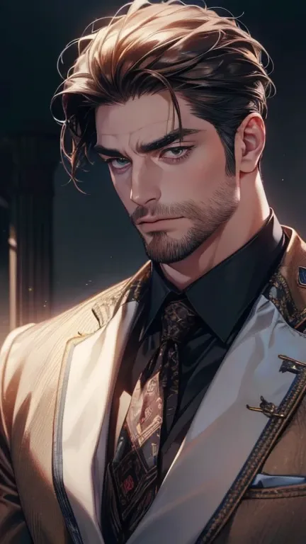 (  best quality,4K,8k,  highres,  masterpiece :1.2),  ultra-detailed  ,(realistic,photorealistic,photo-realistic:1.37),36-year-old man,3 day beard,Beautiful anime,Portraits,strong,Masculine,  with dark hair  ,sharp jaw,   mesmerizing eyes   ,  perfectly co...