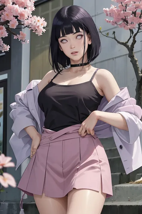 masterpiece, absurdres, hinata\(boruto\), 1girl, solo,mature female, spaghetti strap square neck, high waist short skirt, looking at viewer, (falling petals), perfect composition, detailed lips, big breast, beautiful face, body propotion, blush, (pink lips...