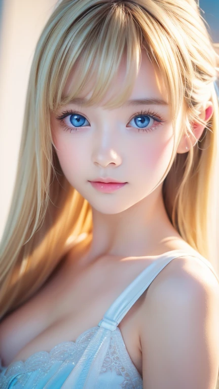 14歳のとても綺麗な輝く艶のある明るい blondeの美少女、 cute,Crazy for love, Face focus , Frilled Summer Dress, 北欧の明るい白人 blondeの女の子, 超長い明るく輝く超長い blonde、 low contrast,  having cleavage ,   hair scrunchies ,   Best Quality ,  super high resolution,  Realistic Pictures,  more detail...