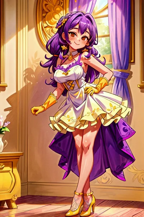 (Masterpiece, best quality), 1 girl, purple hair, orange eyes, standing indoors with intricate details and sunlight, white frilled dress with short neckline, yellow heels, lilac gloves, sexy pose, smile, beautiful legs, mature body, gorgeous, pronounced br...